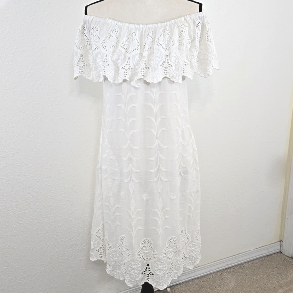 Soft Surroundings Dress White Lace Eyelet Off/On Shoulder Fairy Cottagecore, XS